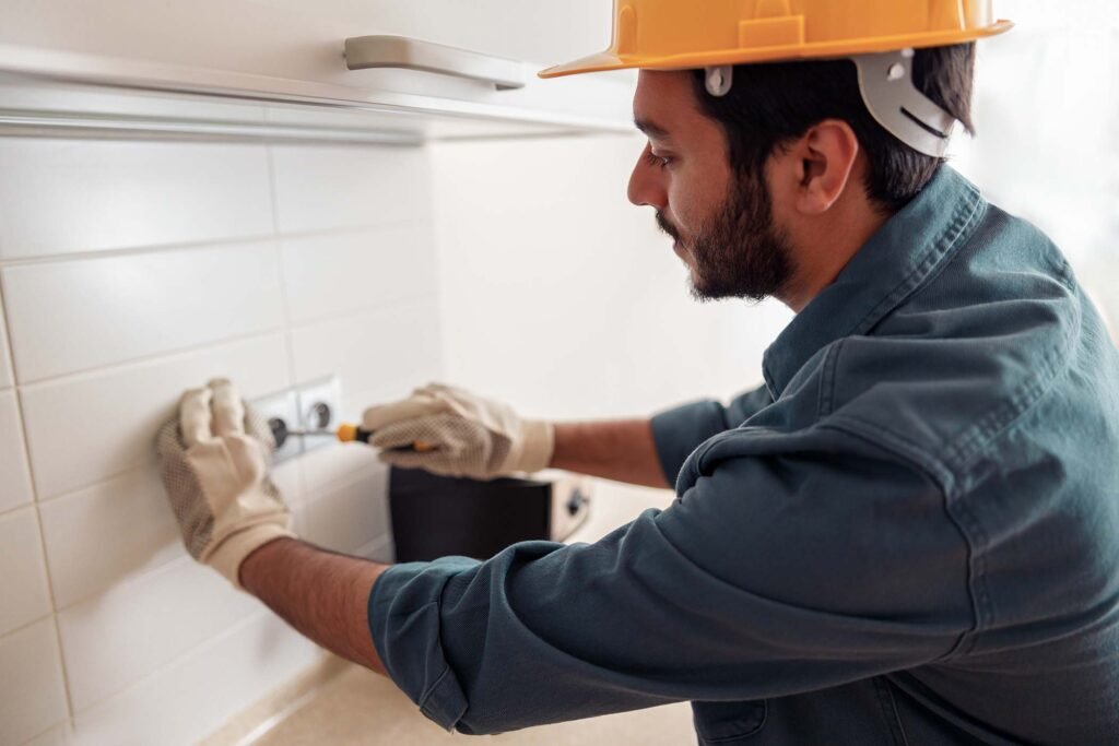 professional electrician using a screwdriver to fix electrical equipment