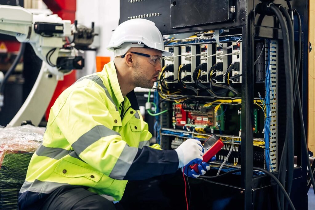 technician engineer holding a robot controller and checking equipment